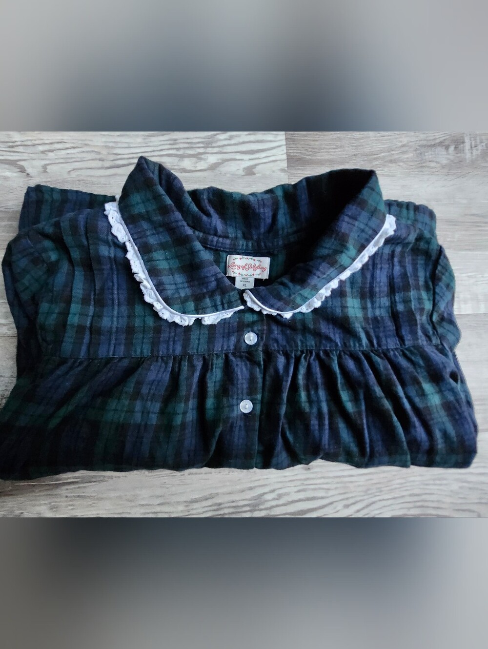Lanz of Salzburg Nightgown XL Black Watch Plaid Flannel Cotton Peter Pan Collar